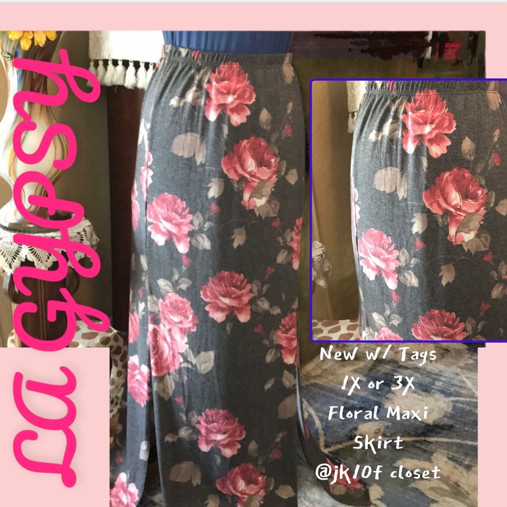LOWEST🌺 NWT LA GYPSY 3XL PINK FLORAL ROSES ON GREY MAXI SKIRT